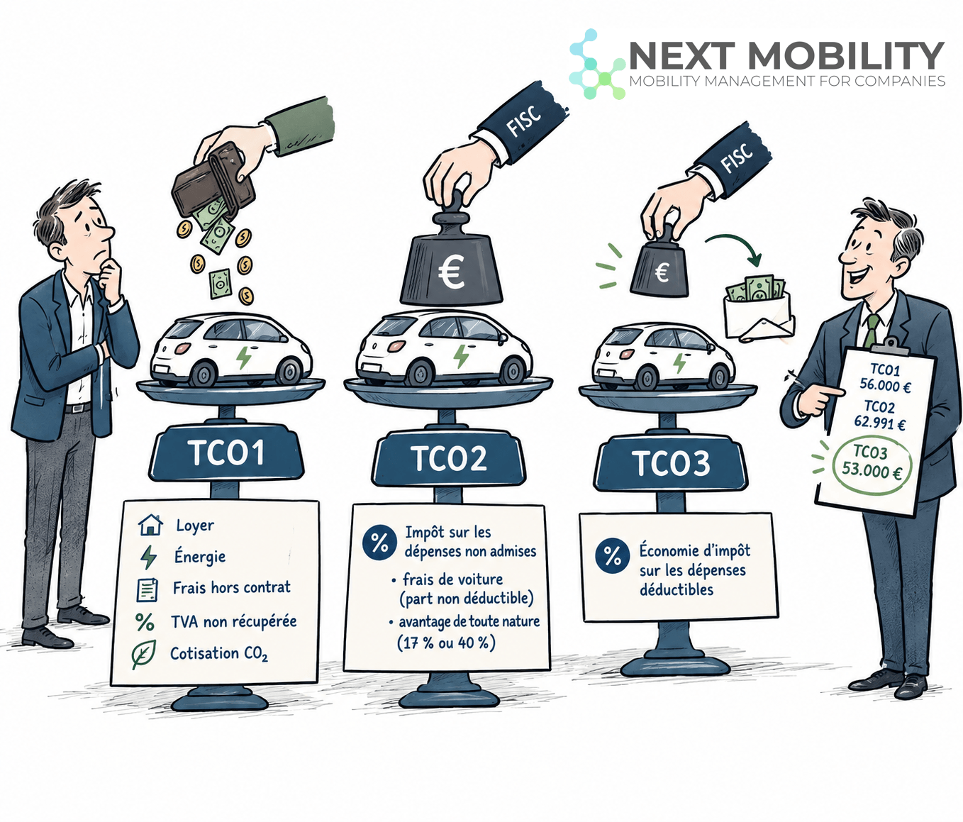 Image humoristique illustrant les 3 TCO différents TCO1 TCO2 et TCO, un RH perdu et un commercial